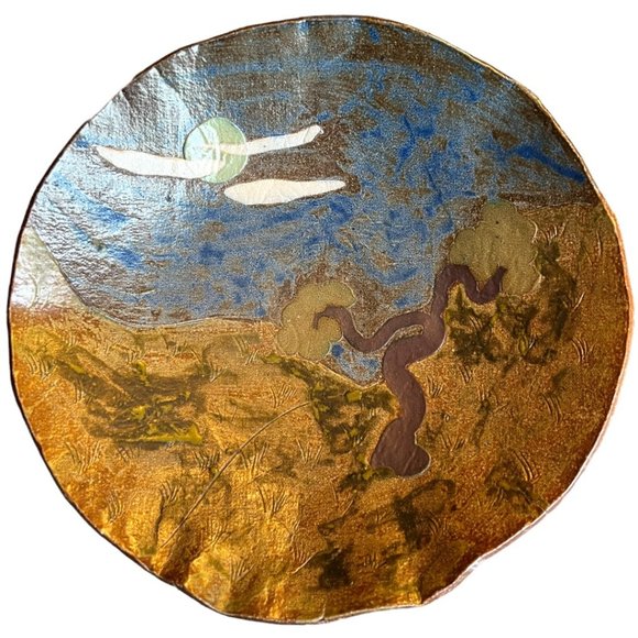 Vtg 1977 Handcrafted Art Pottery Shallow Bowl SIGNED Tree Nightsky 12" diameter - Picture 1 of 16